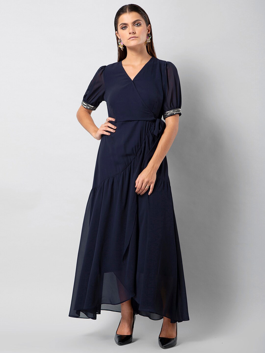 

FabAlley Puff Sleeves Georgette Maxi Wrap Dress, Navy blue
