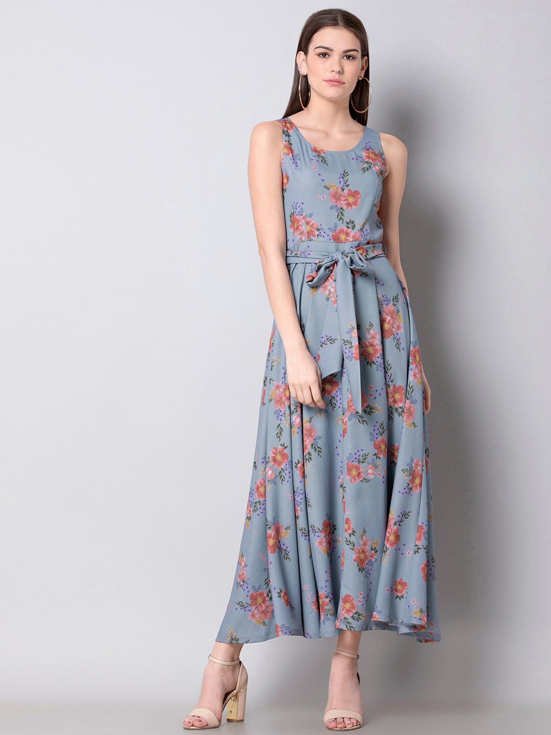 

FabAlley Floral Georgette Belted Maxi Dress, Blue