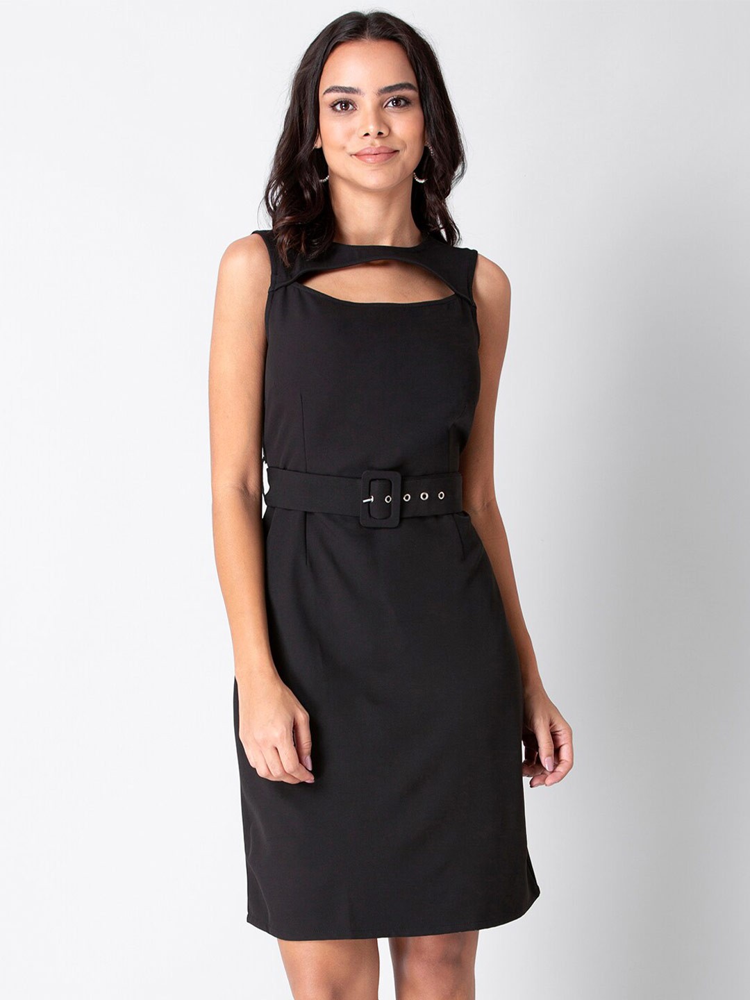 

FabAlley Boat Neck Belted Sheath Dress, Black