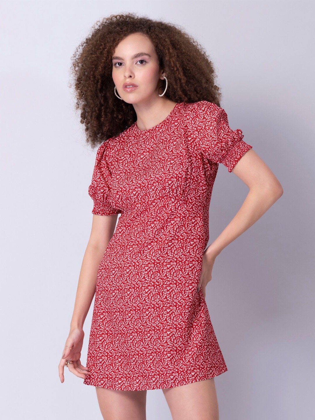 

FabAlley Puff Sleeves Floral Crepe A-Line Mini Dress, Red