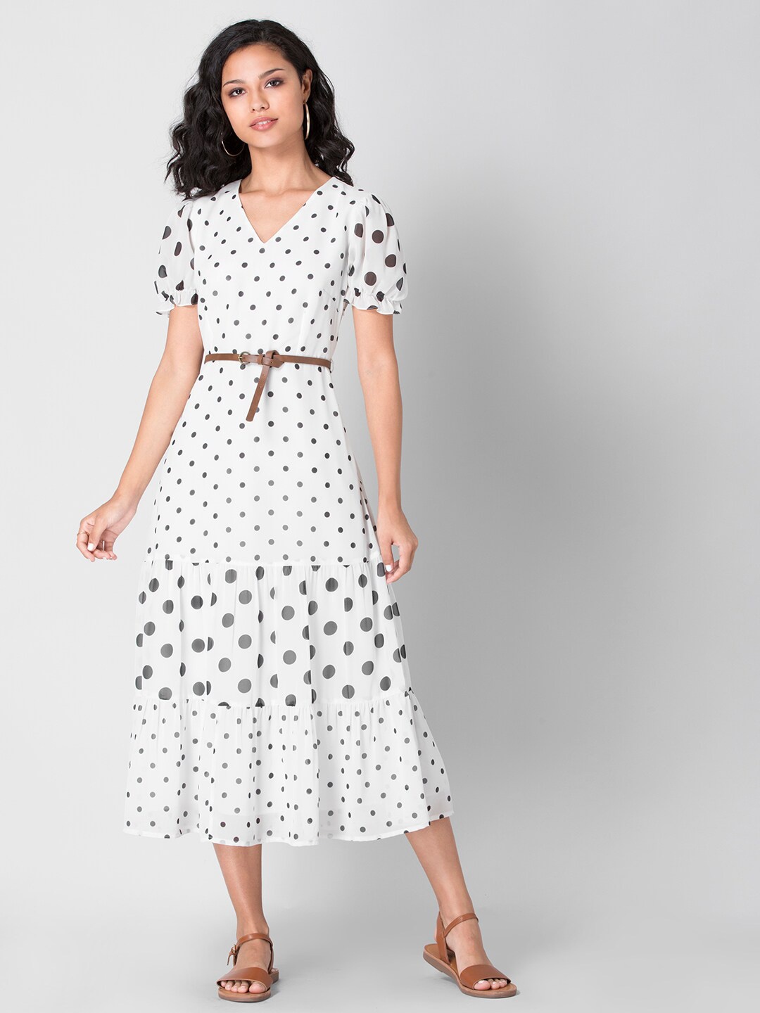 

FabAlley Puff Sleeves Polka Dots Georgette Belted Midi Tiered Dress, White