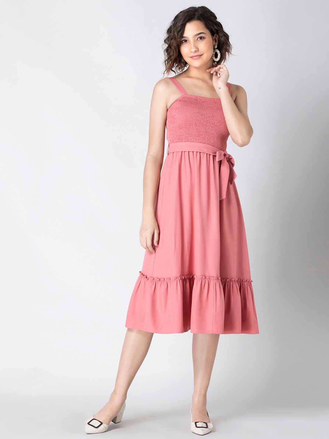 

FabAlley Smocked Crepe Belted Midi Dress, Pink