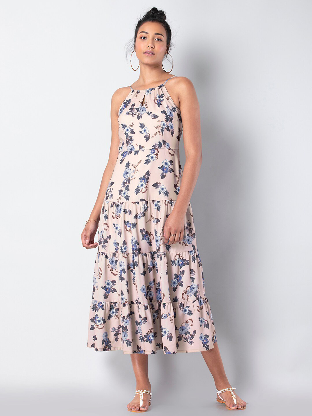 

FabAlley Shoulder Strap Floral Georgette Tiered Midi Dress, Beige