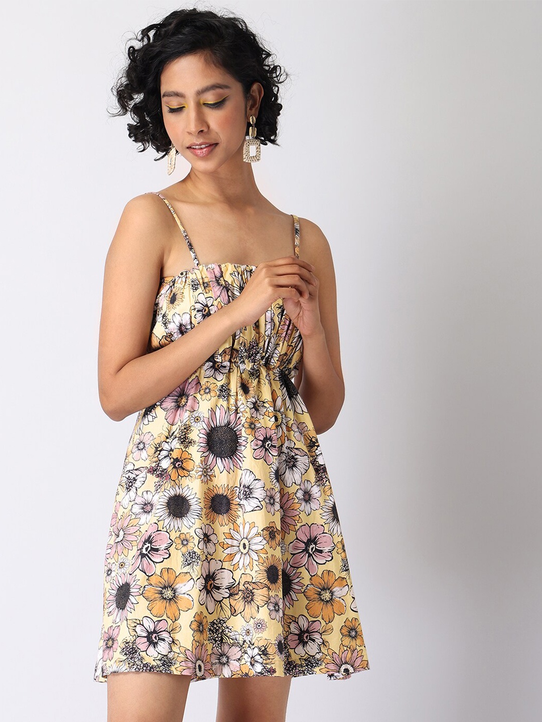 

FabAlley Floral Shoulder Straps Mini Cotton Dress, Yellow