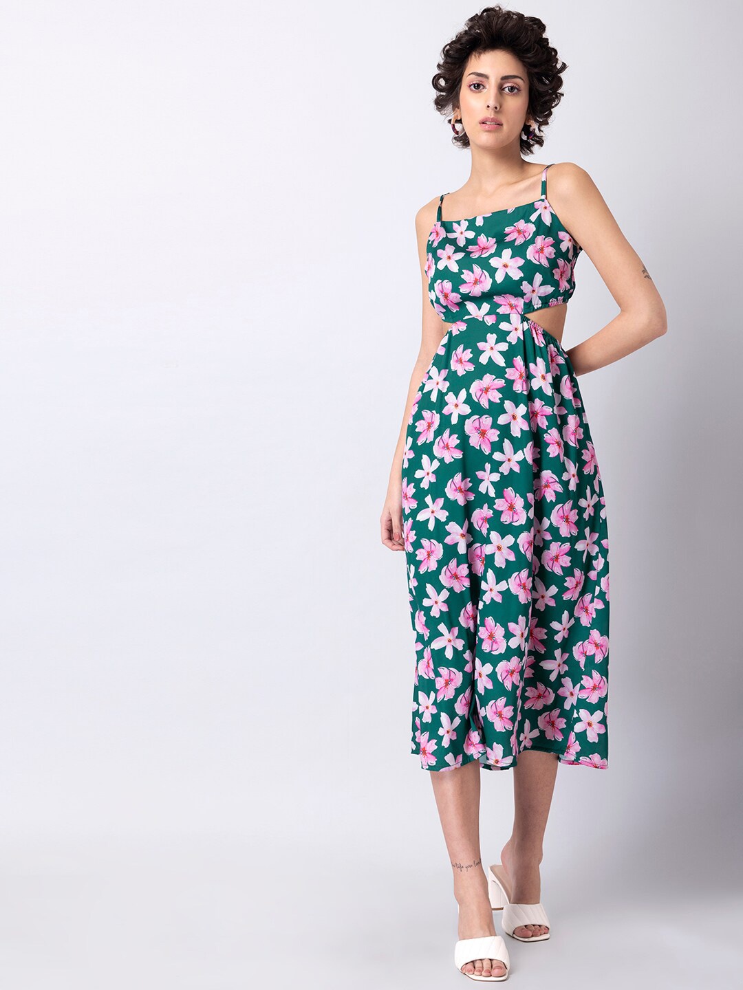 

FabAlley Shoulder Straps Floral Cut Out Back Satin Midi Dress, Green