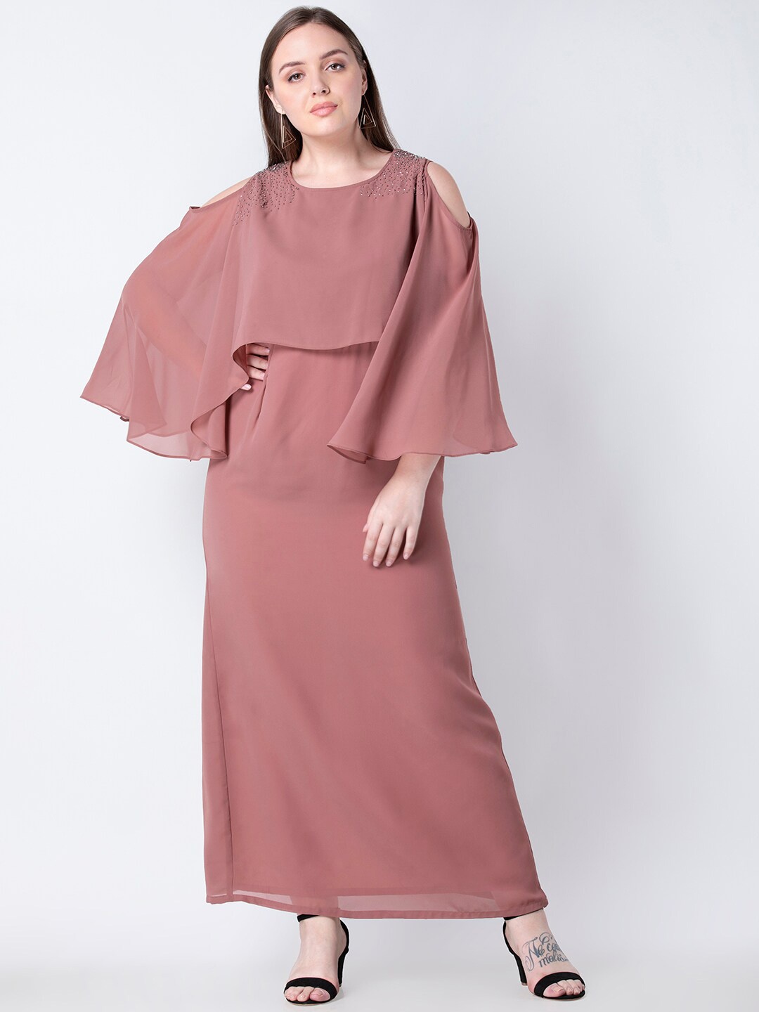 

FabAlley Embellished Georgette Cold Shoulder Maxi Dress, Pink