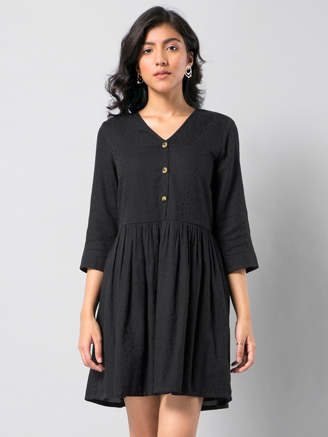 

FabAlley Buttoned Gathered Waist Cotton Dress, Black