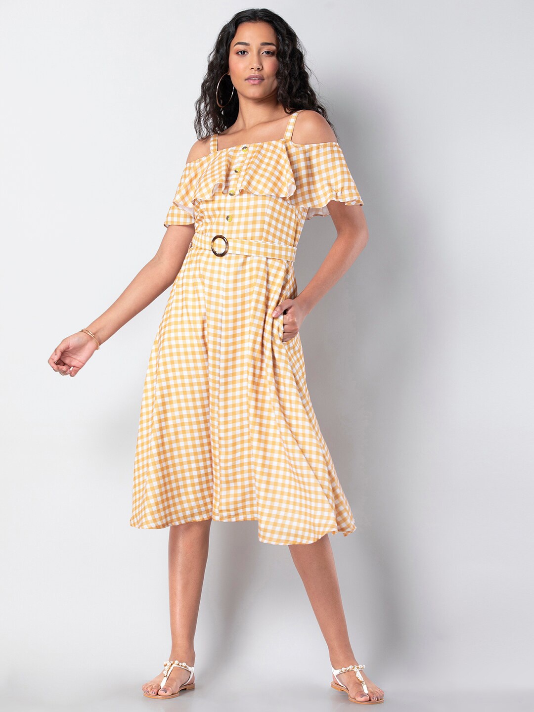 

FabAlley Checked Cold-Shoulder Sleeves Georgette A-Line Dress, Yellow