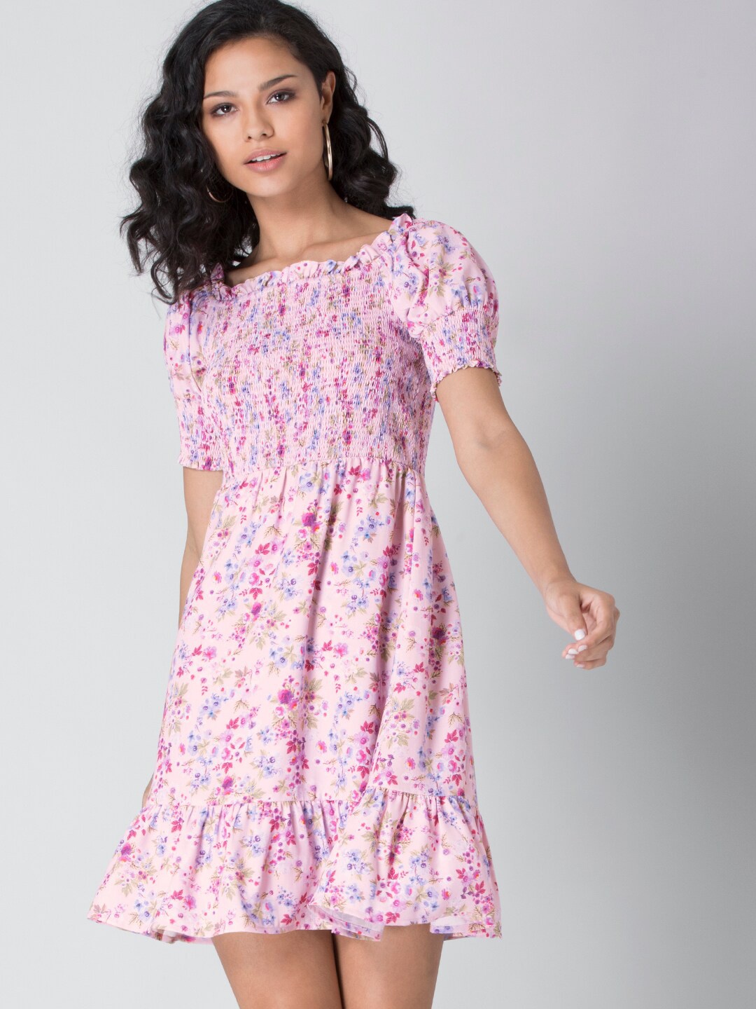 

FabAlley Floral Printed Puff Sleeves Georgette A-Line Dress, Pink