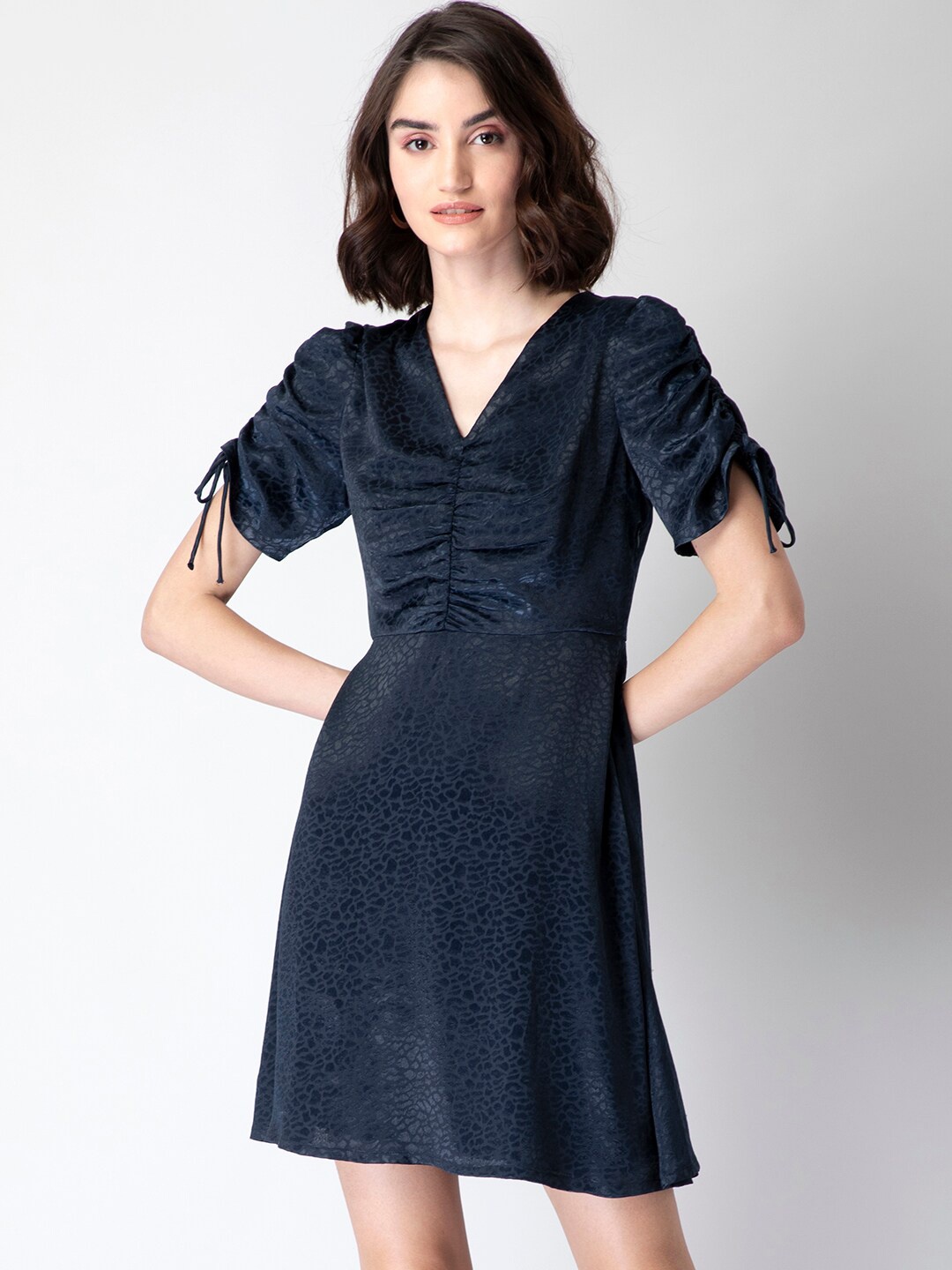 

FabAlley V-Neck Self Design A-Line Dress, Navy blue