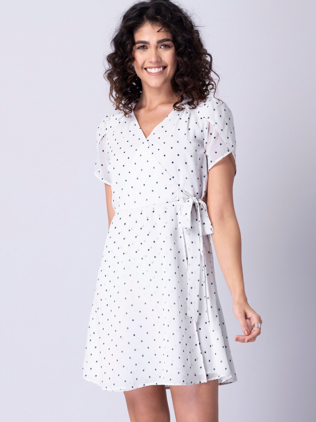 

FabAlley Polka Dot Tulip Sleeve Georgette Tie-Ups Mini Dress, White