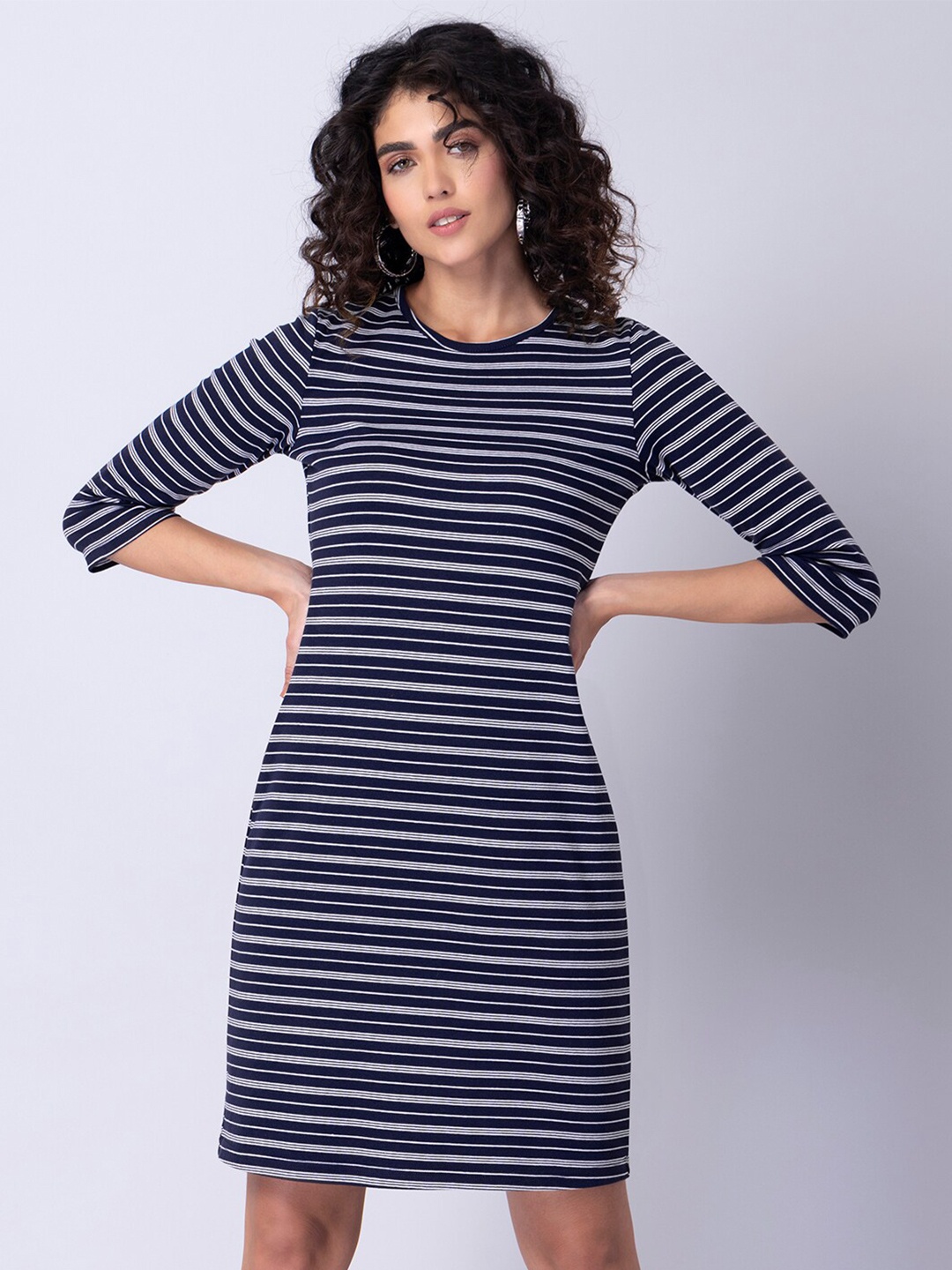 

FabAlley Striped Round Neck Knitted Cotton T-shirt Dress, Navy blue
