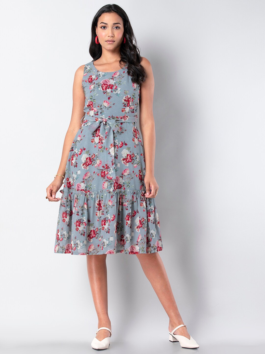 

FabAlley Floral Belted Flounce Fit And Flare Midi Dress, Grey