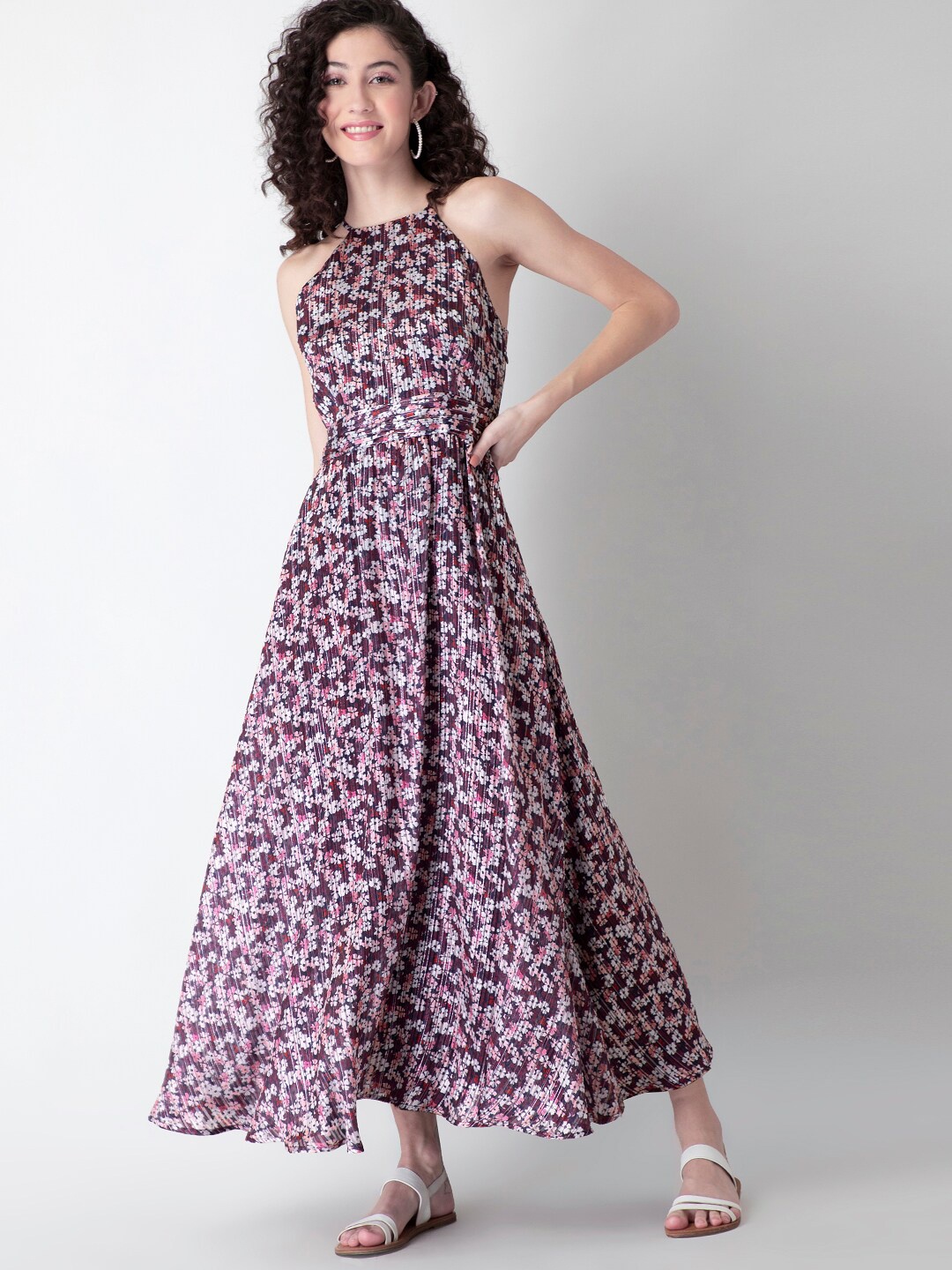 

FabAlley Halter Neck Floral Georgette Maxi Dress, Maroon