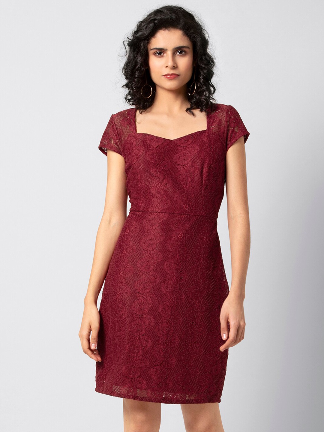 

FabAlley Sweetheart Neck Lace Sheath Dress, Maroon