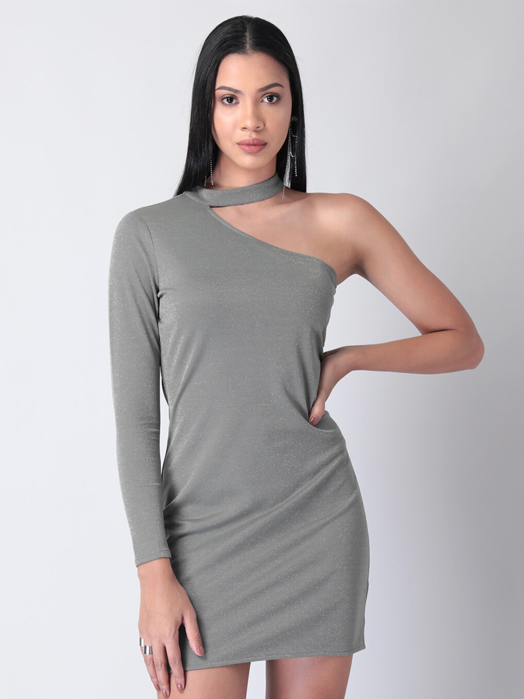 

FabAlley One Shoulder Choker Neck Sheath Mini Dress, Grey