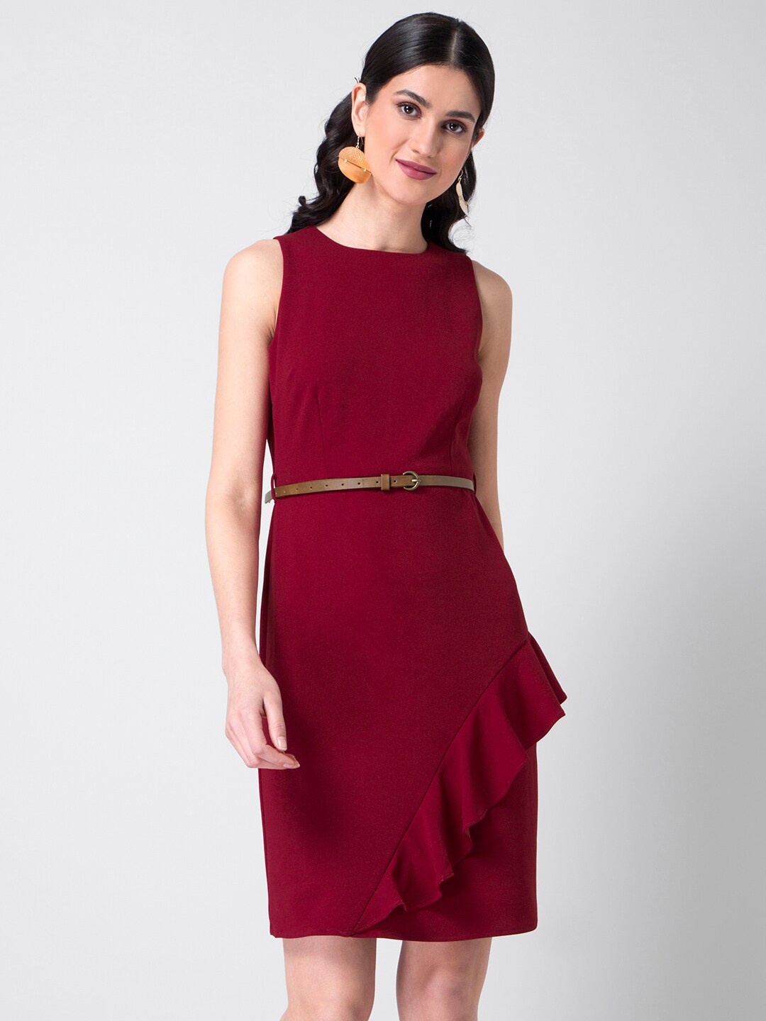 

FabAlley Ruffled Sheath Belted Dress, Maroon