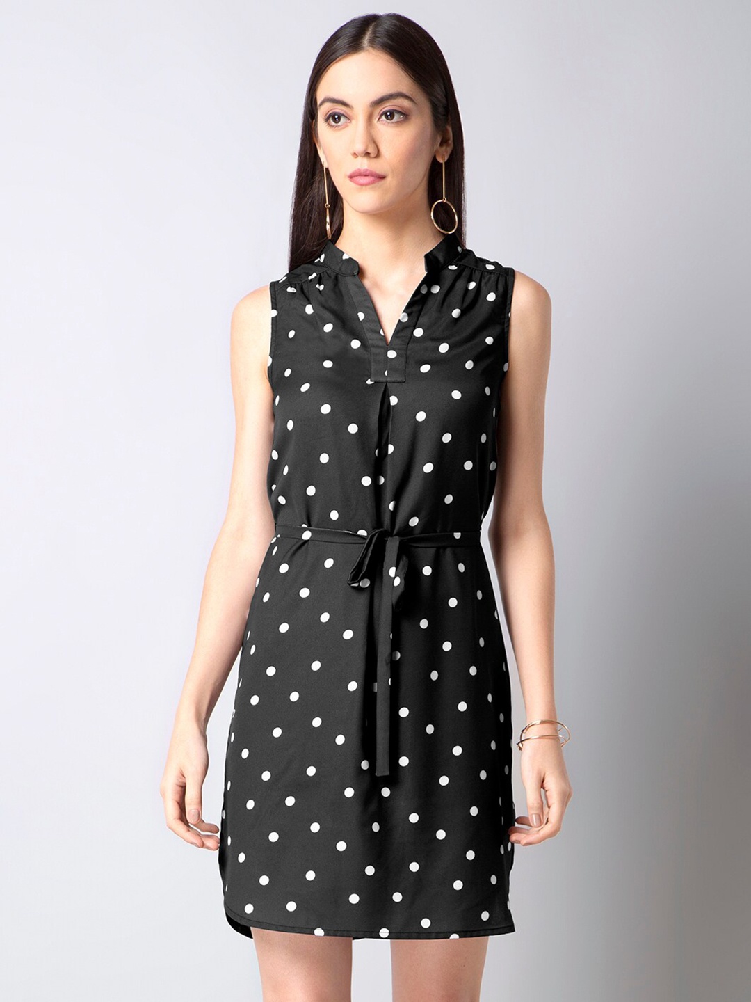 

FabAlley Polka Dots Georgette Sheath Belted Dress, Black
