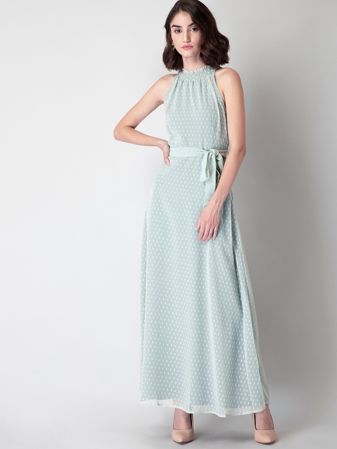 

FabAlley Halter Neck Georgette Maxi Belted Dress, Green