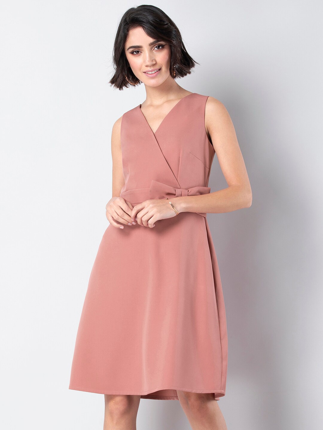 

FabAlley V-Neck Sleeveless Above Knee Length Wrap Dress, Pink