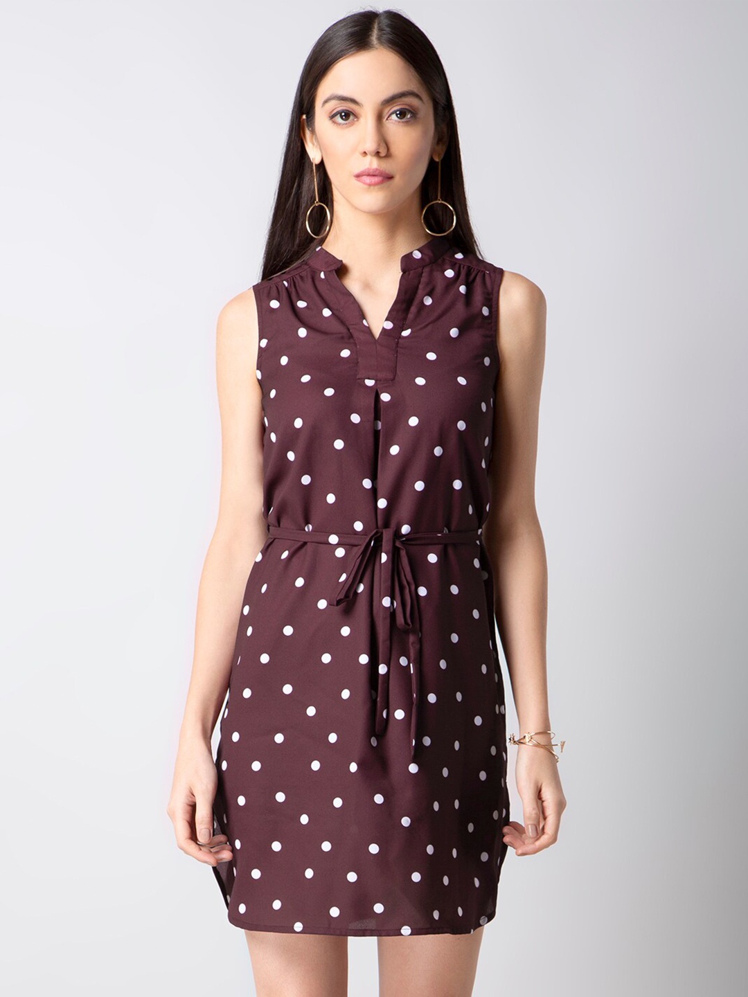 

FabAlley Polka Dots Belted Georgette Sheath Dress, Coffee brown