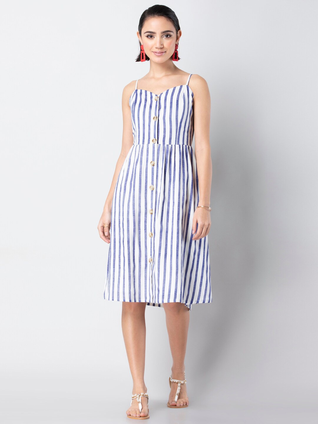 

FabAlley Striped Shoulder Strap Fit And Flare Midi Dress, Blue