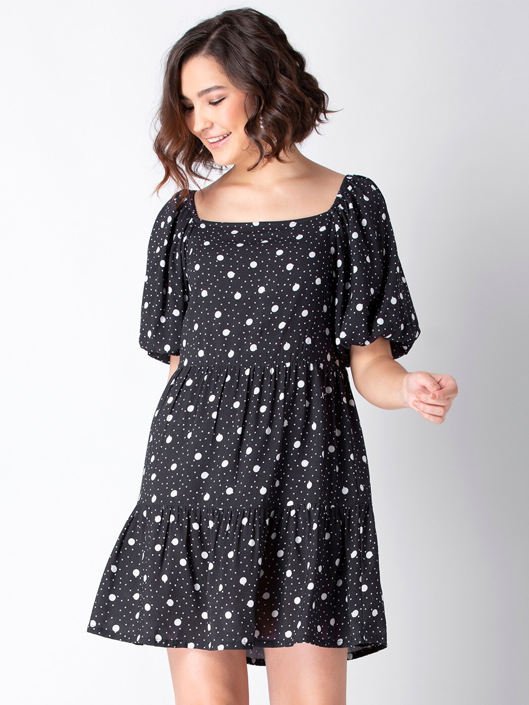 

FabAlley Polka Dots Blouson Sleeve Fit And Flare Cotton Dress, Black
