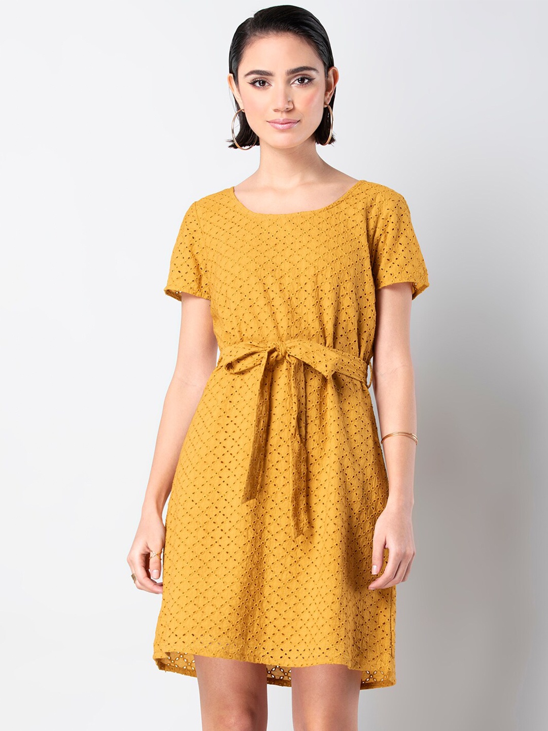 

FabAlley Schiffli Belted Cotton Fit And Flare Mini Dress, Mustard