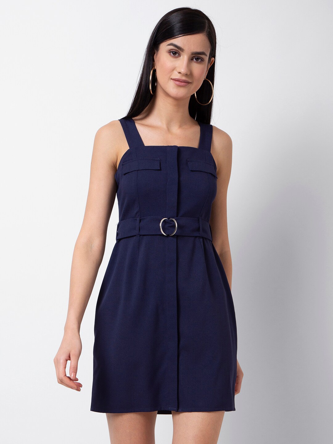 

FabAlley Shoulder Strap Belted Sheath Mini Dress, Navy blue