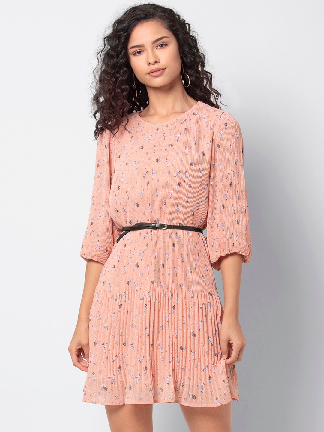 

FabAlley Floral Printed Belted Georgette Fit And Flare Mini Dress, Orange