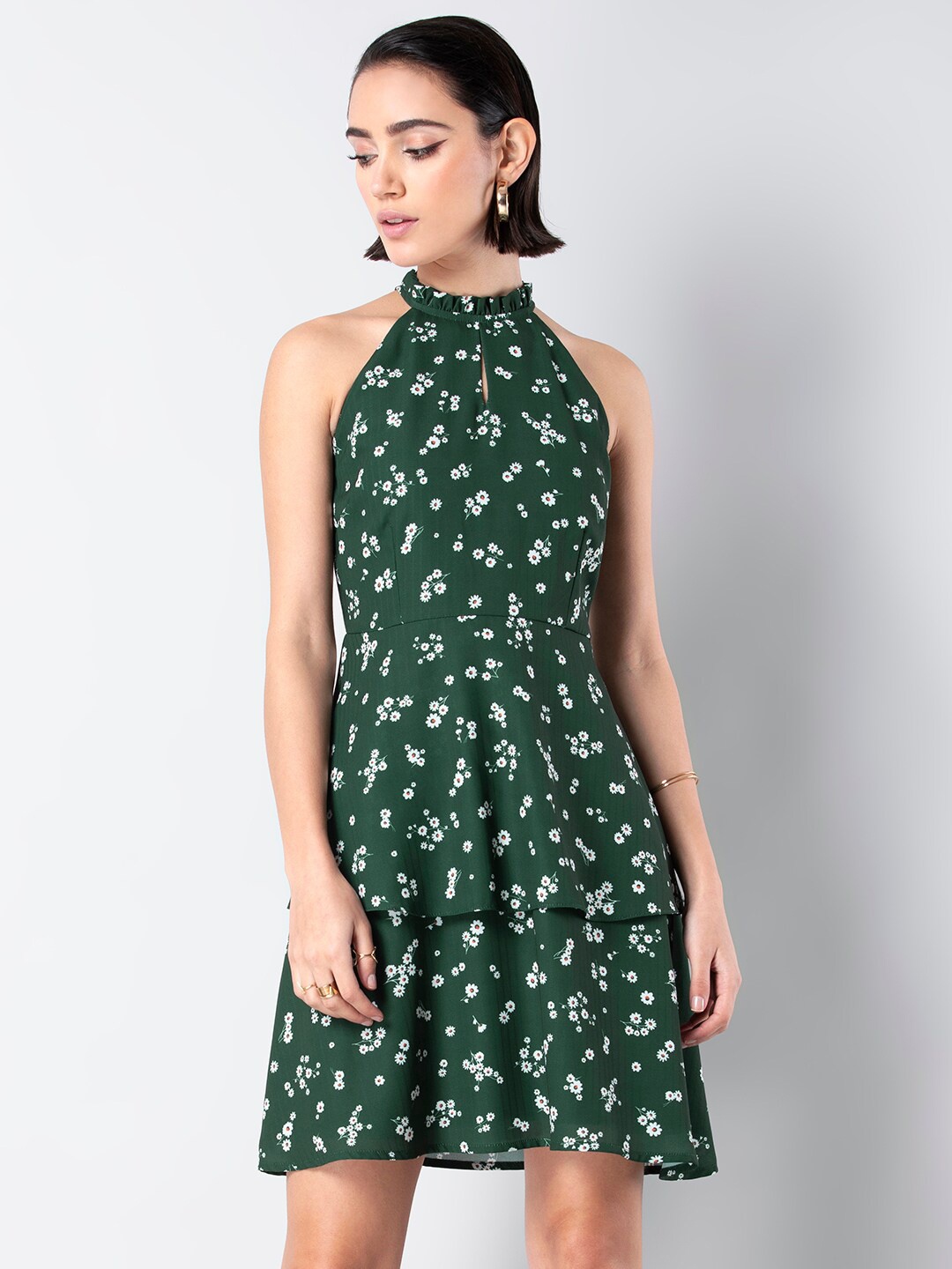 

FabAlley Halter Neck Floral Georgette Dress, Green