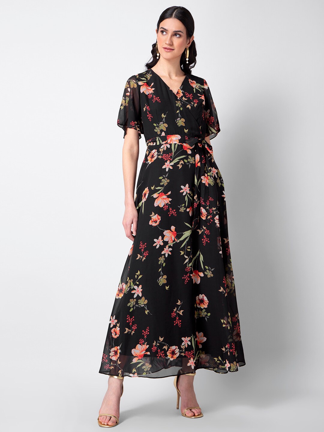 

FabAlley V-Neck Floral Georgette Maxi Wrap Dress, Black