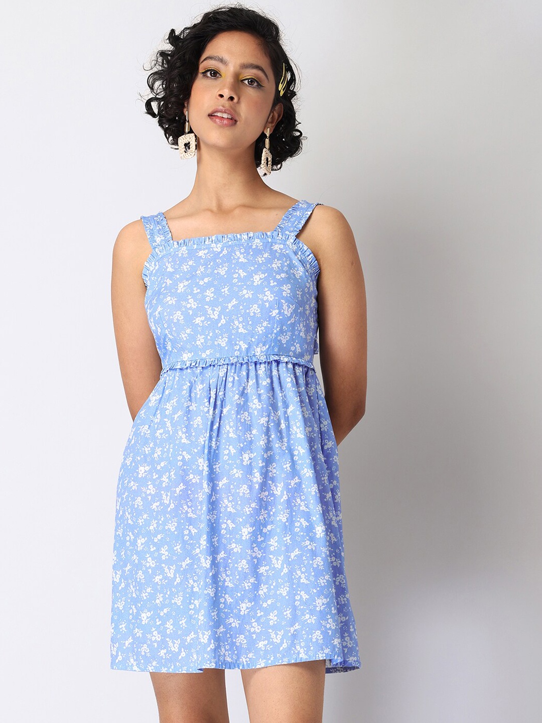 

FabAlley Shoulder Straps Floral Back-Tie A-Line Dress, Blue
