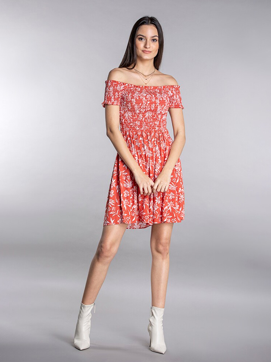 

MKOAL Floral Printed Off-Shoulder Dress, Orange