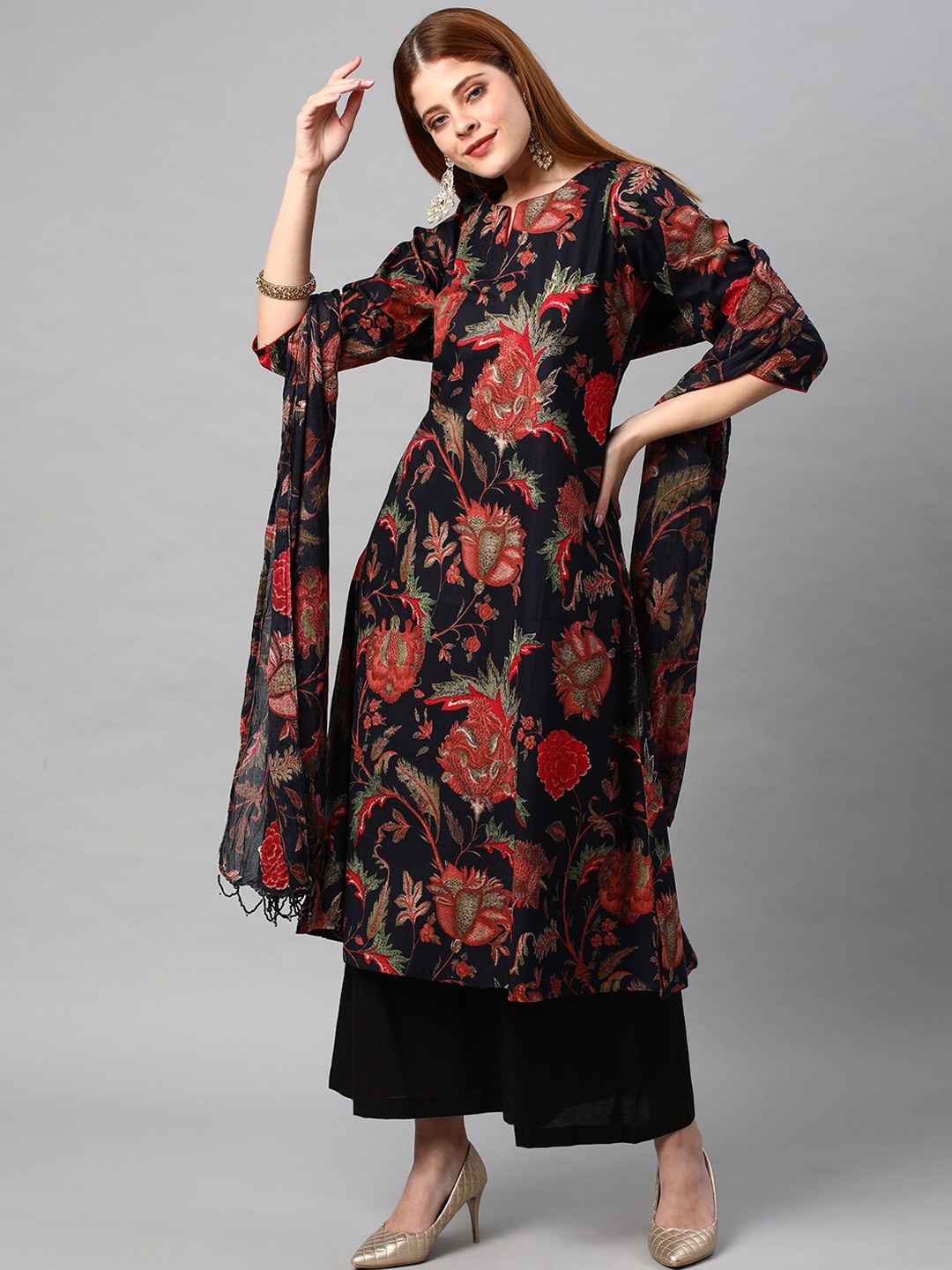

KALINI Floral Printed Kurta with Palazzos & Dupatta, Red