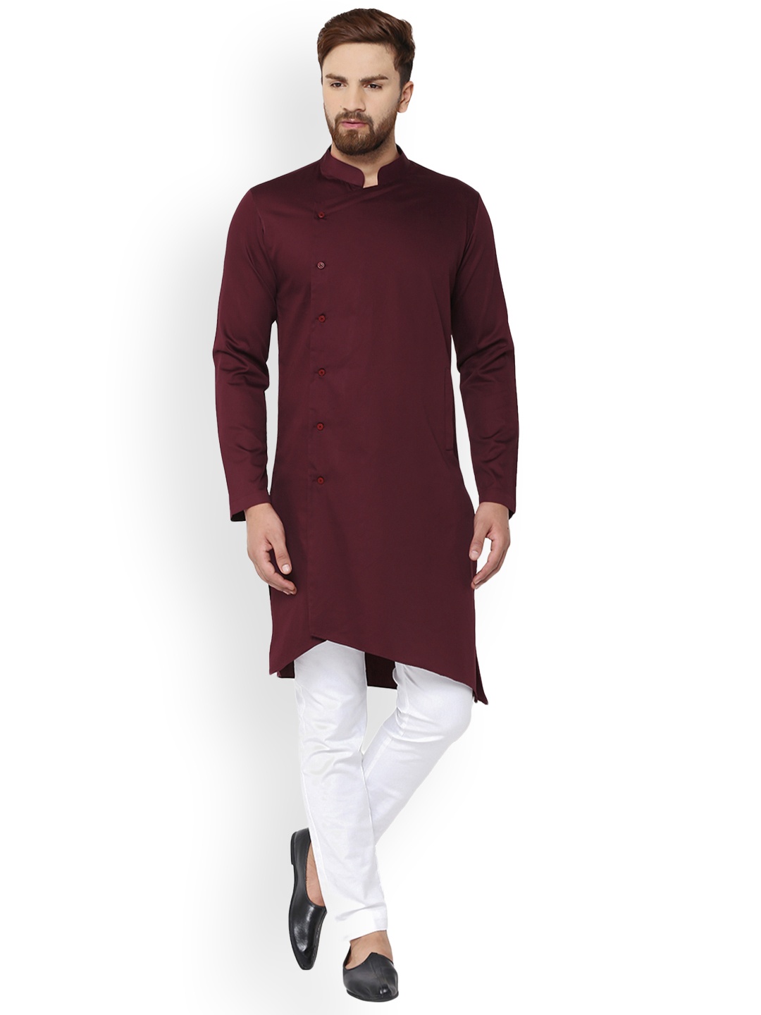 

See Designs Men Burgundy Solid Asymmetrical Hem Straight Kurta