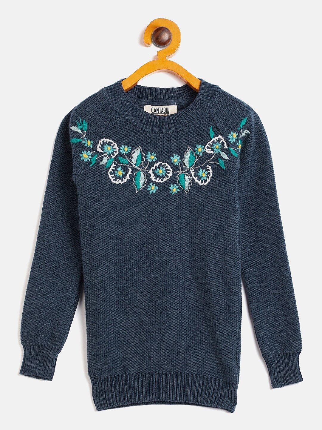 

Cantabil Girl Floral Embroidered Pullover Cotton Sweater, Navy blue