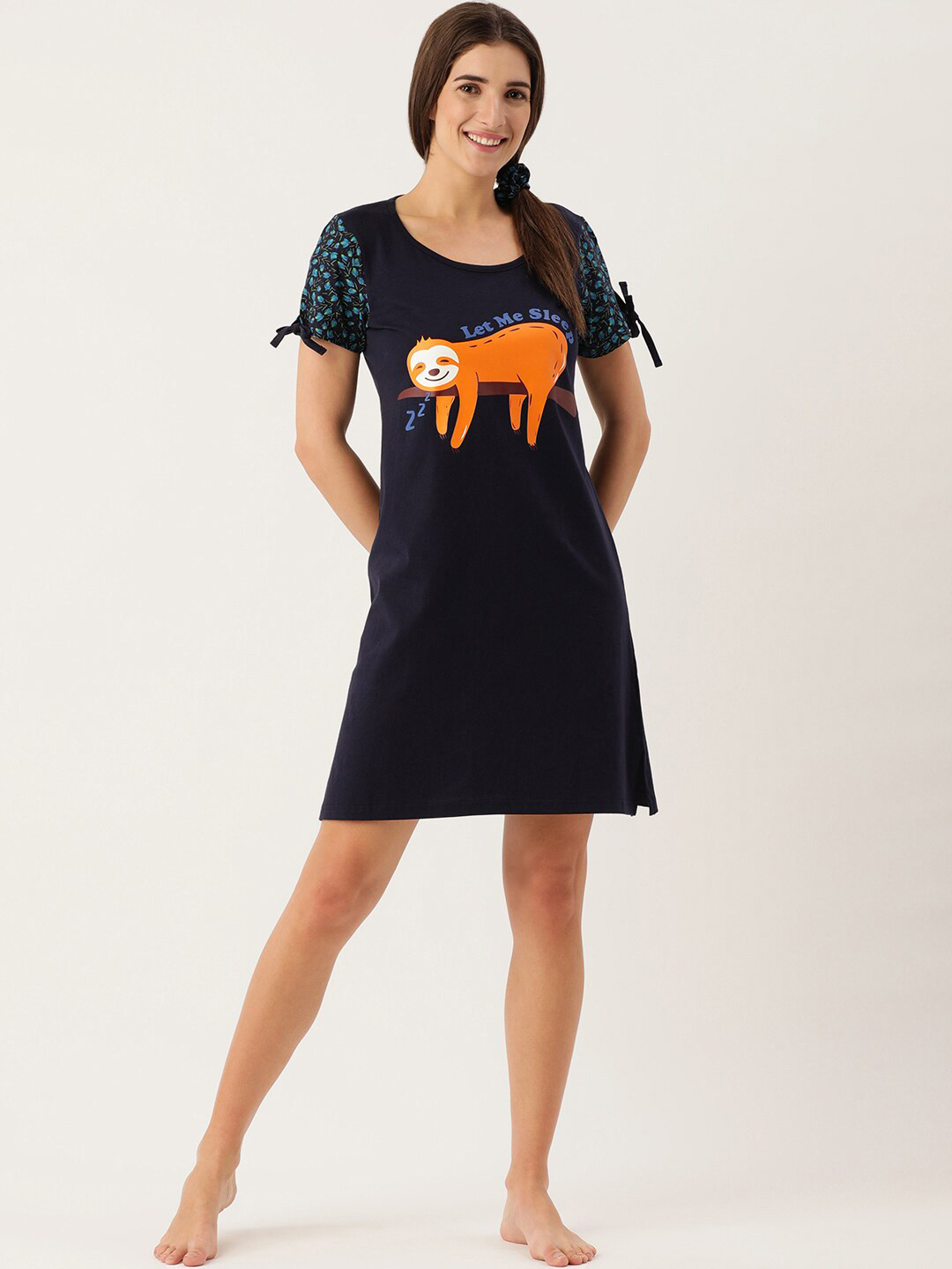 

Slumber Jill Graphic Printed Pure Cotton Nightdress With Scrunchie, Navy blue
