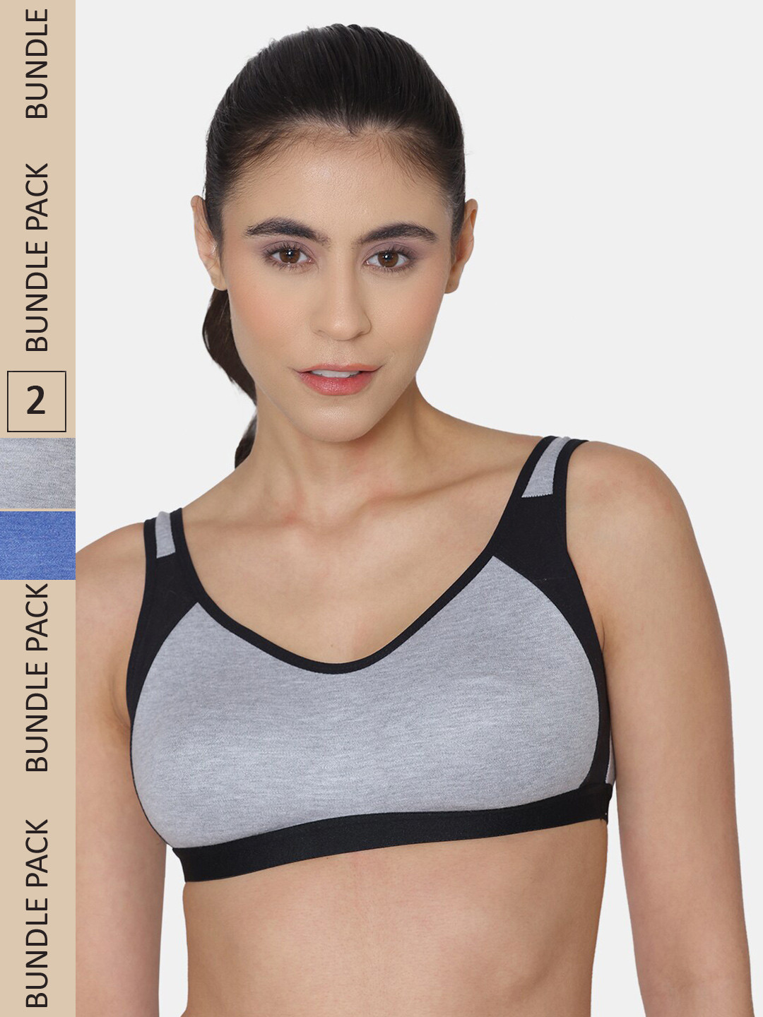 

KOMLI Pack Of 2 Colourblocked Cotton Medium Support All Day Comfort Racerback Seamless Bra, Grey