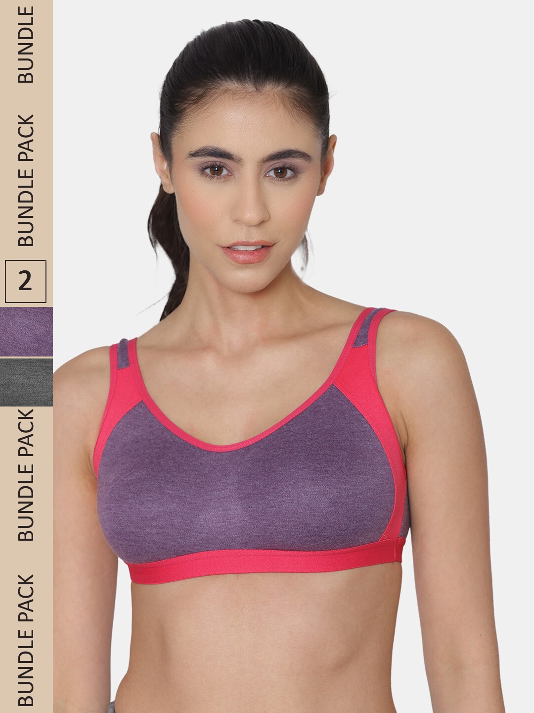 

KOMLI Pack Of 2 Colourblocked Cotton Medium Support All Day Comfort Racerback Seamless Bra, Purple