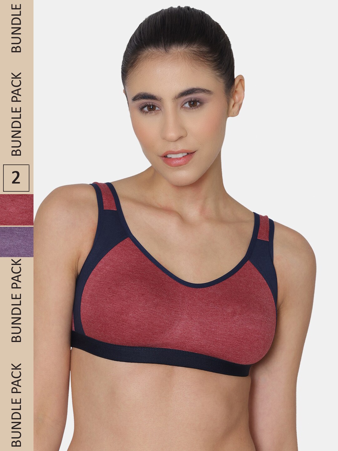 

KOMLI Pack Of 2 Colourblocked Cotton High Support All Day Comfort Racerback Seamless Bra, Maroon