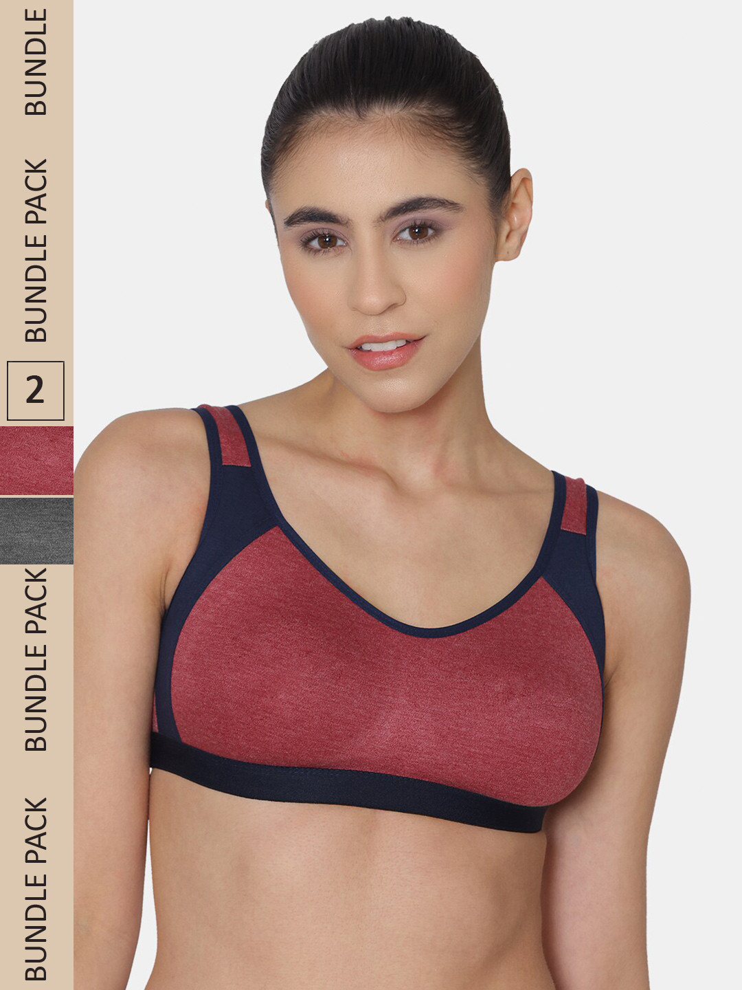 

KOMLI Pack Of 2 Colourblocked Cotton Medium Support All Day Comfort Racerback Seamless Bra, Maroon