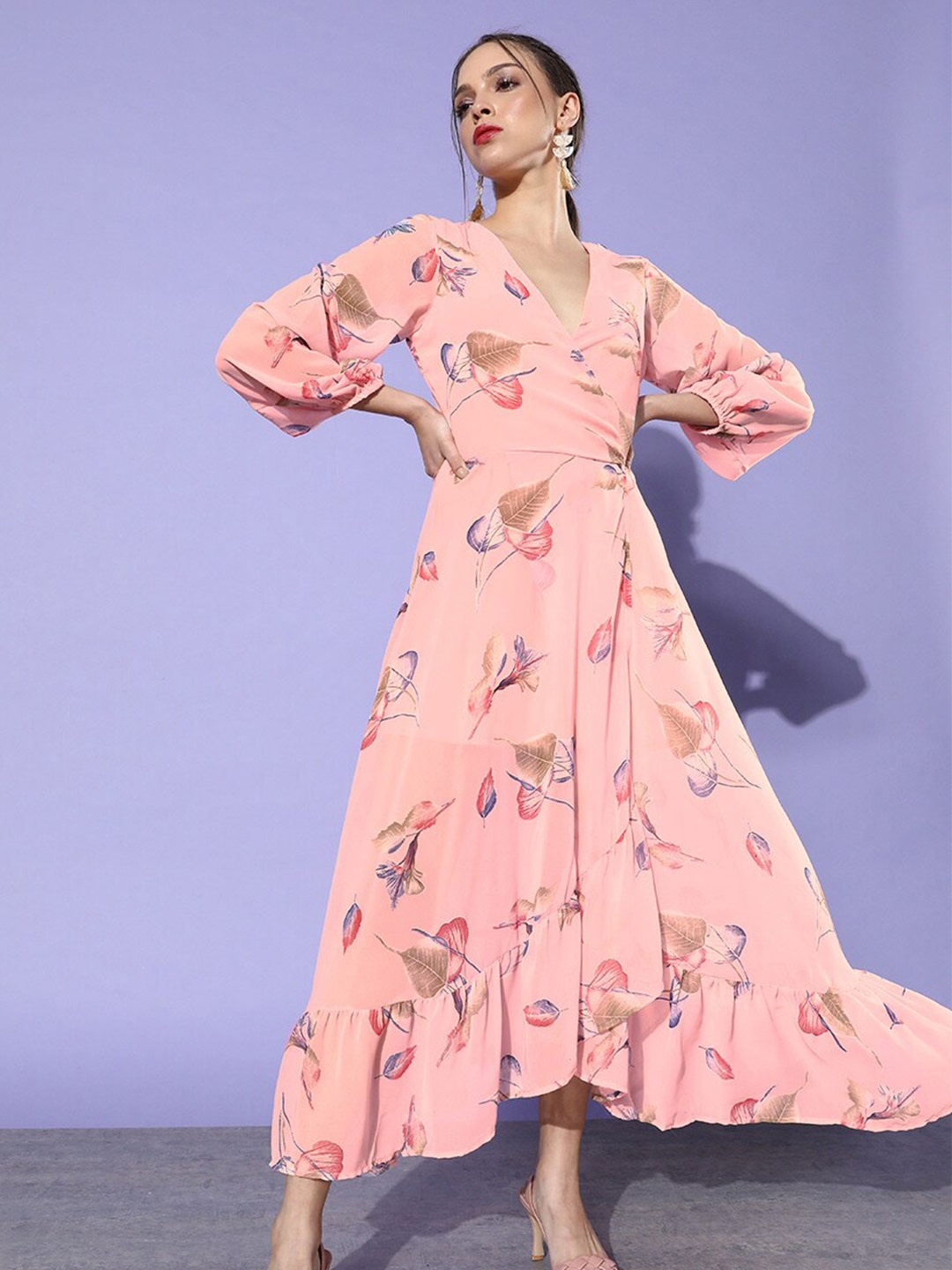 

DODO & MOA V-Neck Bishop Sleeves Flounce Floral Printed Maxi Wrap Dress, Pink
