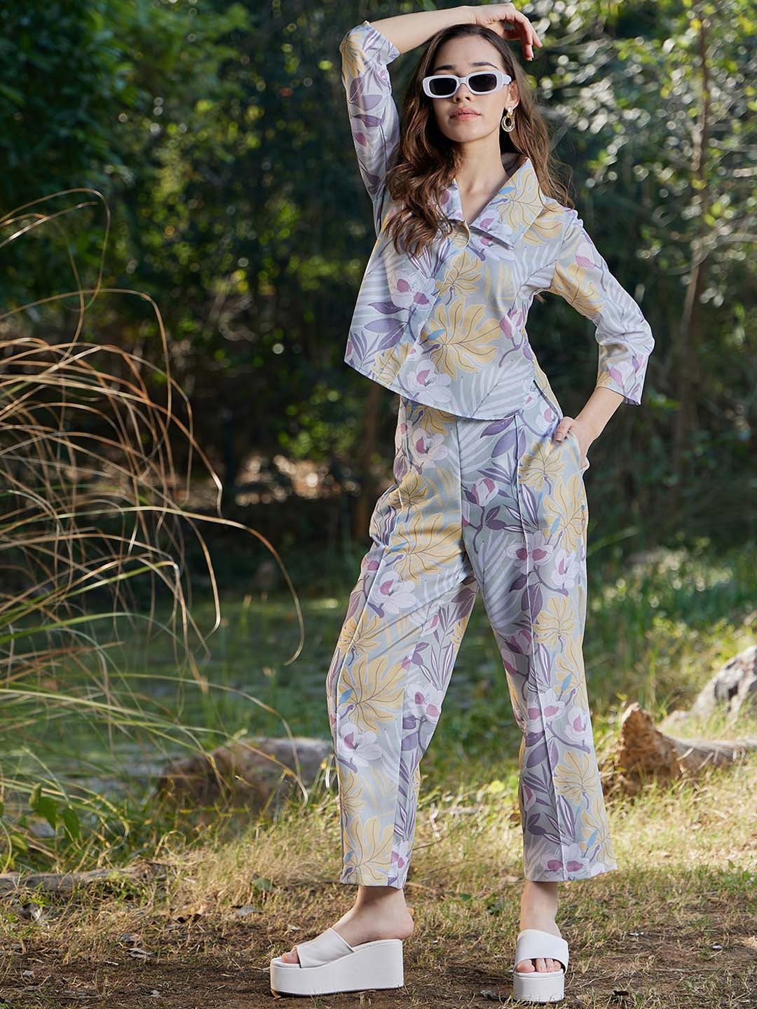

Athena Women Lilac Floral Printed Linen Shirt With Trouser Co-ords Set, Yellow