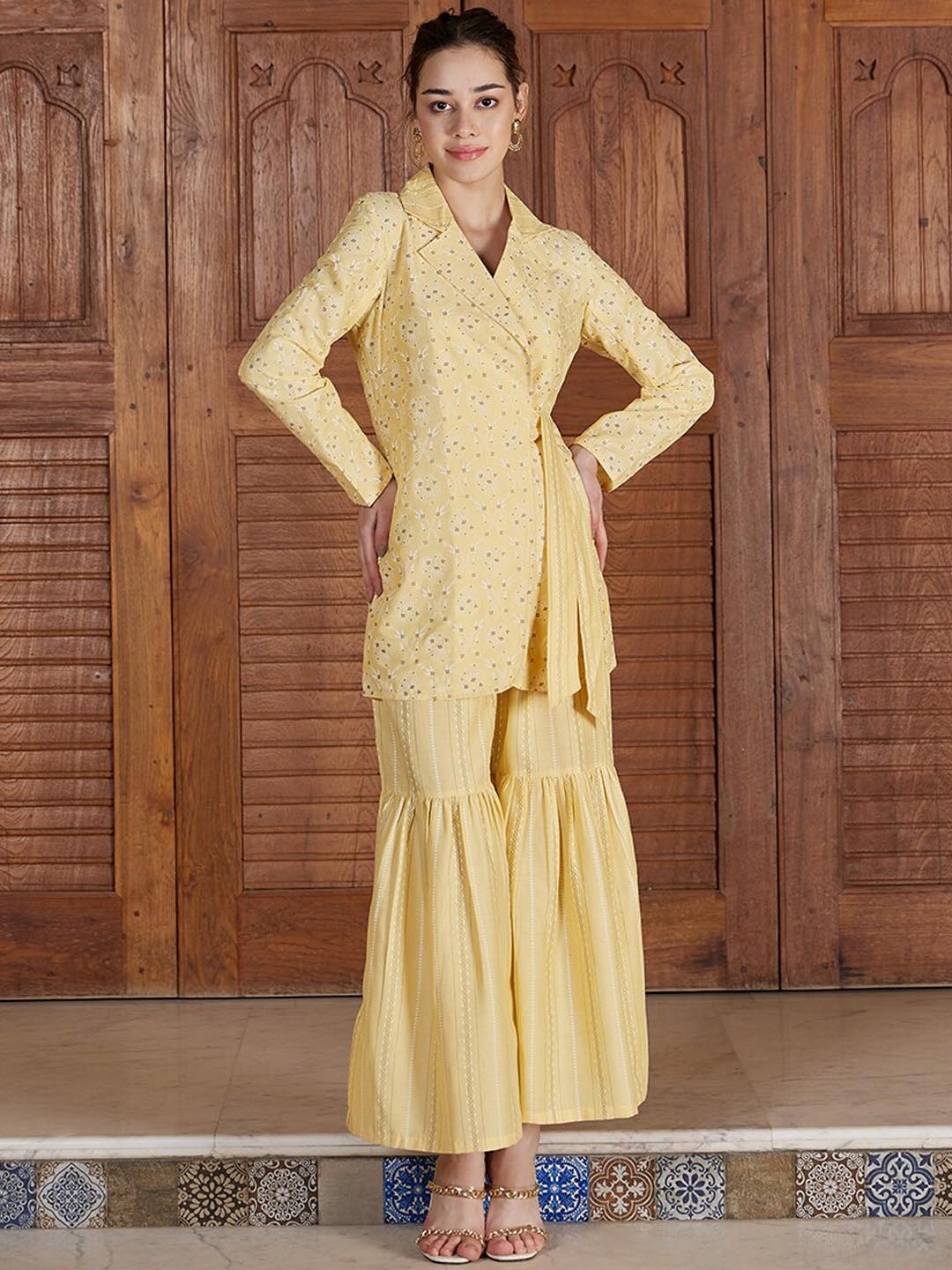 

Athena Women Printed Pure Cotton Side Knotting Sharara Co-Ord Set, Yellow