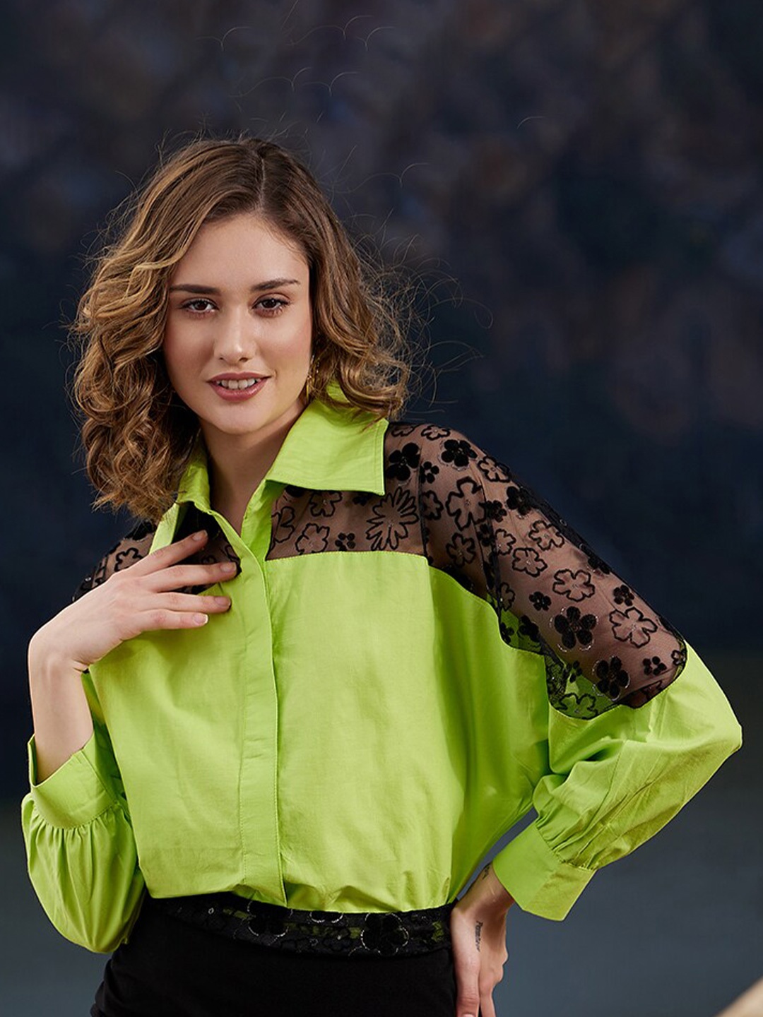 

Athena Lace Inserted Shirt Style Cotton Top, Fluorescent green