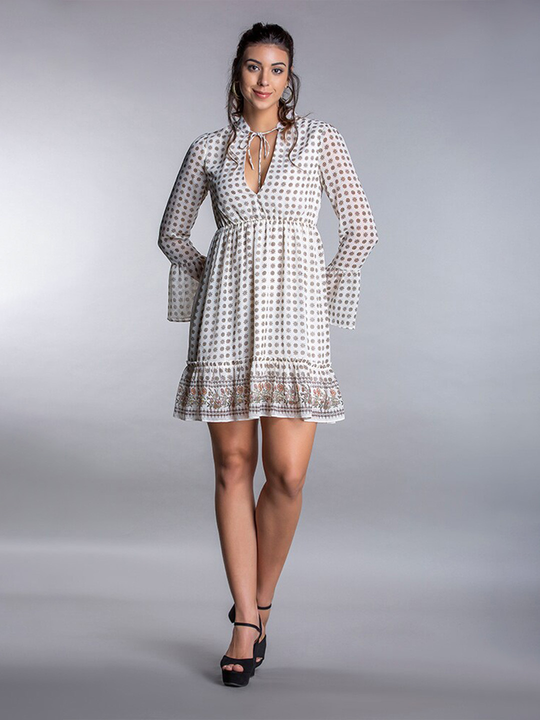 

MKOAL Tie-Up Neck Georgette Dress, Off white