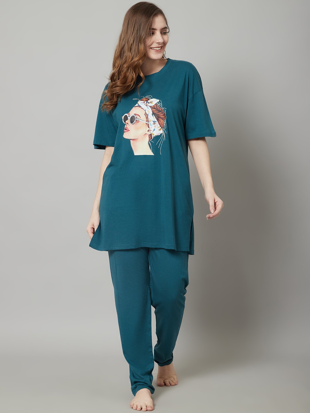 

Kanvin Graphic Printed Night Suit, Teal