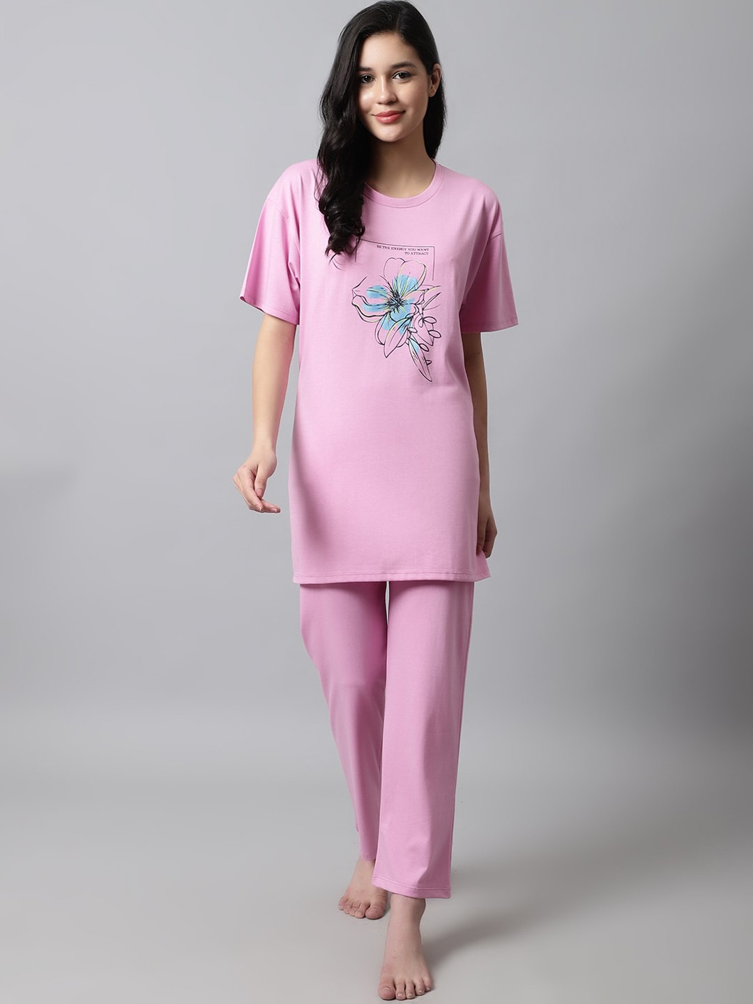

Kanvin Floral Printed Night Suit, Pink