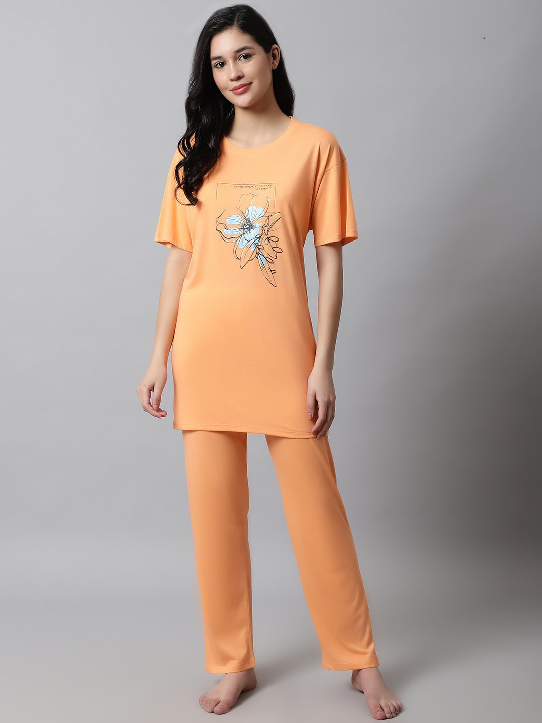 

Kanvin Floral Printed Night Suit, Orange